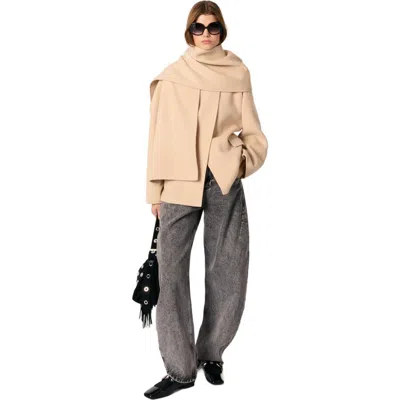 Maje Double-faced Coat With Scarf In Beige