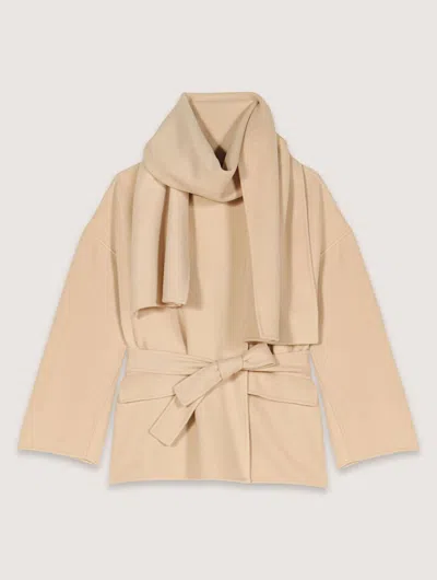 Maje Double-faced Coat With Scarf In Beige