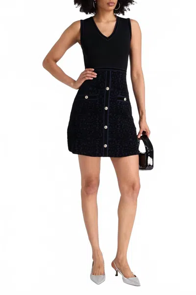 Maje Double Knit Velvet Mesh Dress In Black/navy