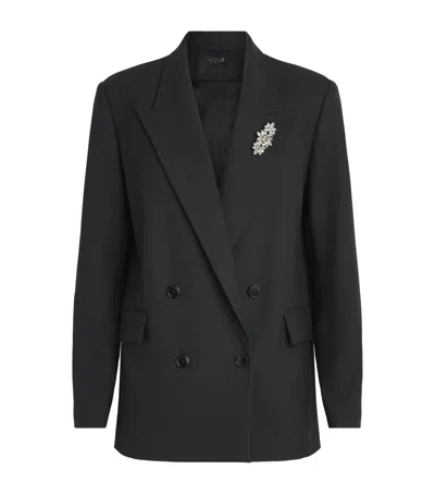 Maje Double-breasted Brooch Blazer In Black