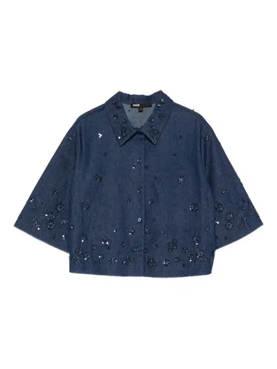 Maje Embellished Buttoned Cotton Shirt In Blue