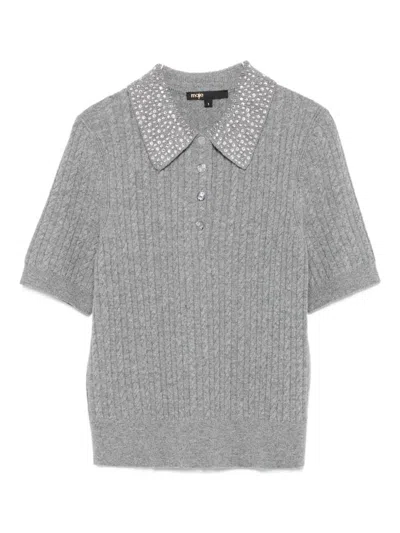 Maje Embellished Cable-knit Lolo Top In Gray