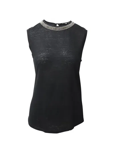 Pre-owned Maje Embellished Crew Neck Linen Top In Black