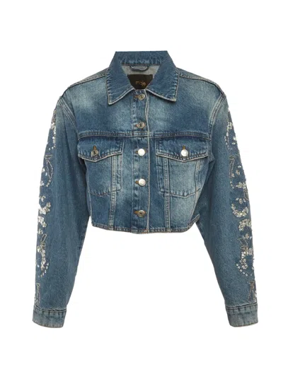 Pre-owned Maje Embellished Cropped Denim Jacket In Blue