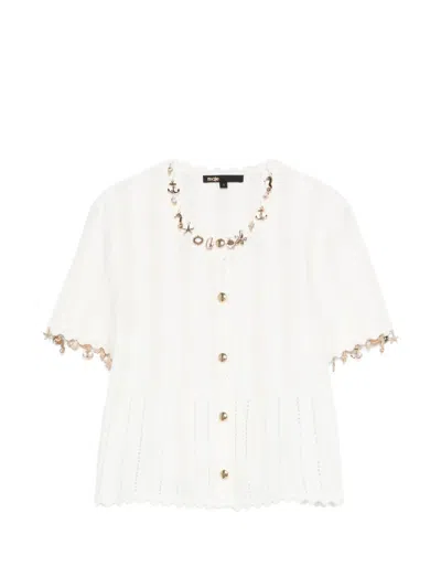 Maje Embellished Short-sleeve Cardigan In White