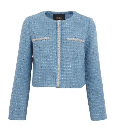 Maje Embellished Tweed Jacket In Blue
