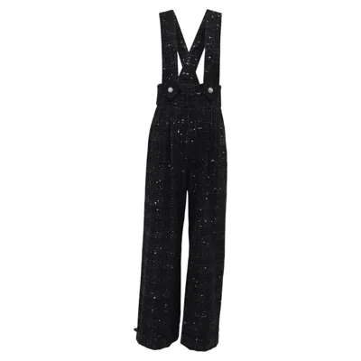 Pre-owned Maje Embellished Tweed Wide-leg Overall Trousers In Black Cotton