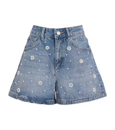 Maje Embellished Wide-leg Denim Shorts In Blue