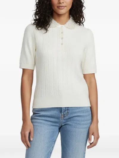 Pre-owned Maje Embellished-collar Rib-knit Top In White