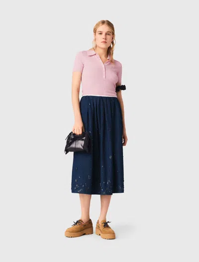 Maje Embroidered Denim Midi Skirt In Blue