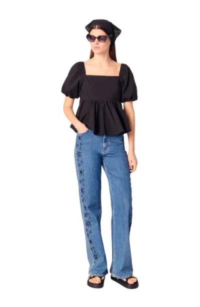 Maje Embroidered Jeans With Rhinestones In Blue