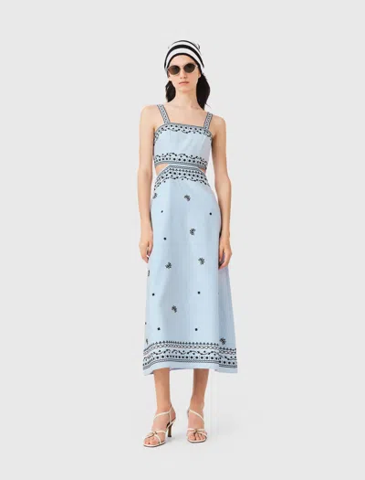 Maje Embroidered Linen Blend Maxi Dress In Blue