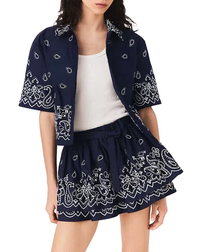 Maje Embroidered Ruffle Mini Skirt In Blue