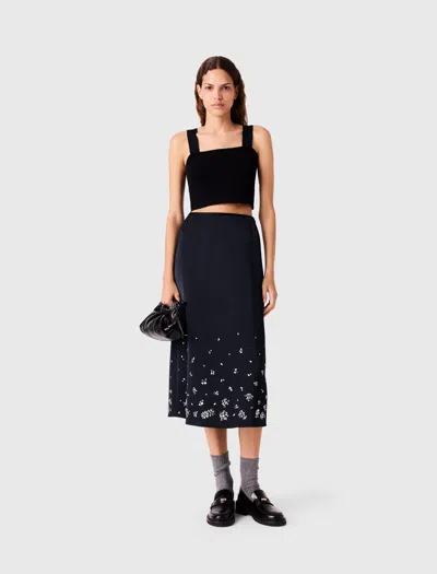 Maje Embroidered Satin Midi Skirt In Blue