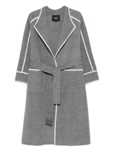 Maje Embroidered-trimmed Belted Coat In Gray