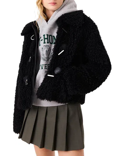 Maje Faux Fur Long Sleeve Short Coat In Black
