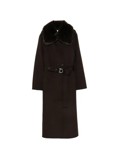 Maje Wool-blend Faux Fur-collar Coat In Brown