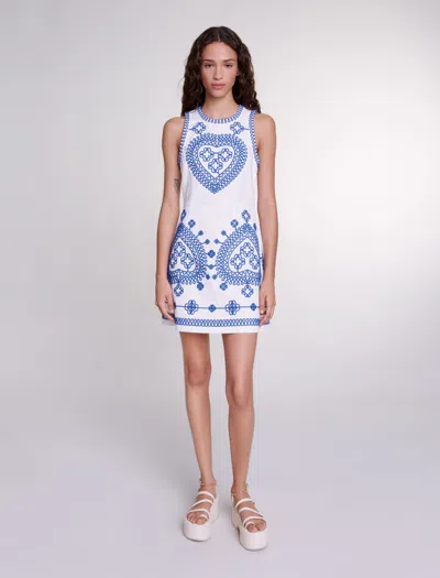 Maje Fitted Embroidered Dress For Spring/summer In White/blue