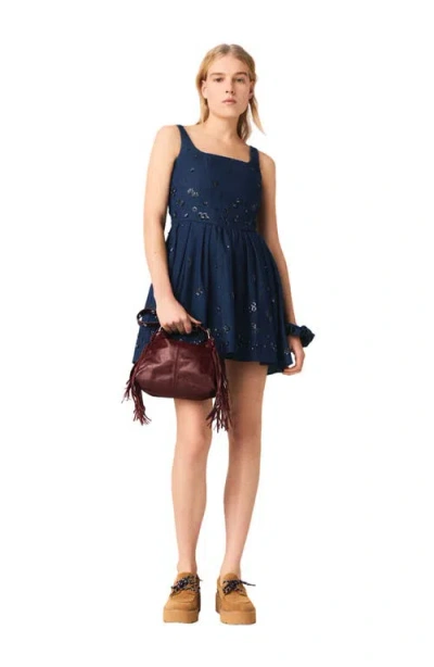 Maje Womens Navy Flared Sequin-embroidered Denim Dress In Blue