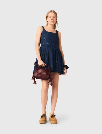 Maje Flared Embroidered Denim Dress In Blue