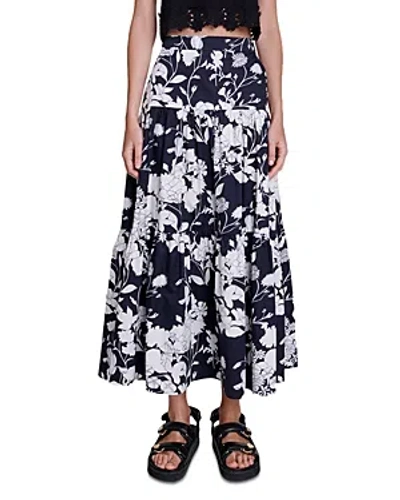 Maje Floral Cotton Maxi Skirt In Noir / Gris