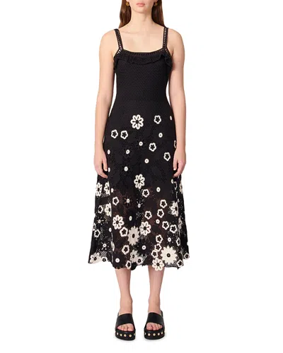 Maje Floral Crochet Maxi Dress In Black/white