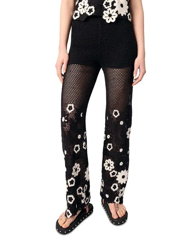 Maje Womens Bicolore Floral-pattern Wide-leg Cotton-crochet Trousers In Black/white