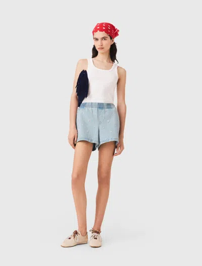 Maje Floral Denim Shorts In Blue