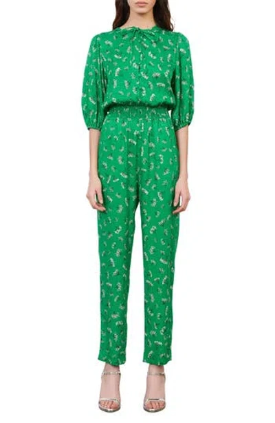 Maje Floral Elbow-sleeve Woven Jumpsuit In Green