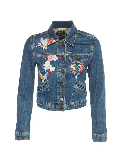 Pre-owned Maje Floral-embroidery Denim Jacket In Blue