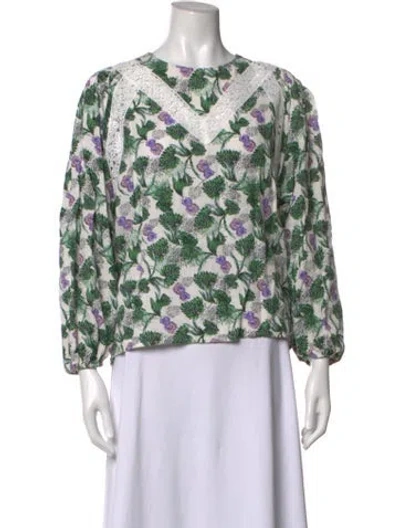 Pre-owned Maje Floral Print Crew Neck Blouse In Green/neutrals