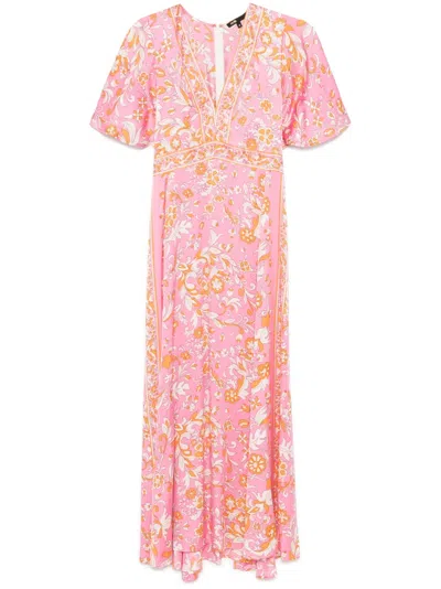 Maje Ritalen Butterfly-sleeve Midi Dress In Imprime Fleurs Orange Rose