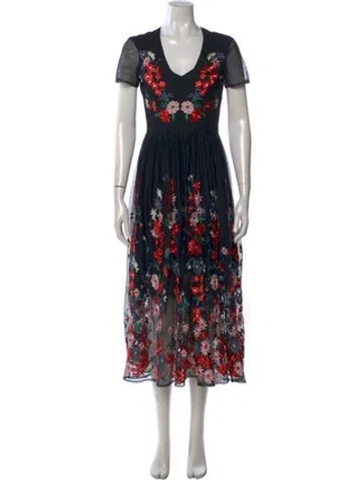 Pre-owned Maje Floral Print Midi Length Dress In Black
