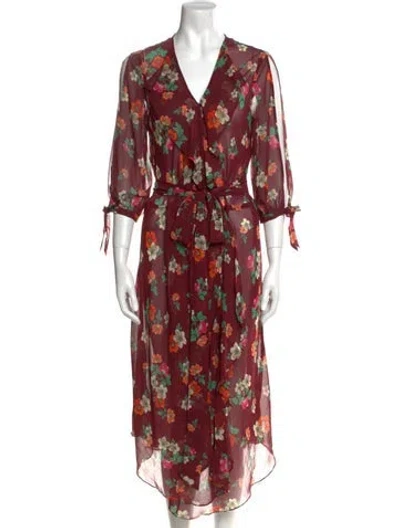 Pre-owned Maje Floral Print Midi Length Dress In Burgundy