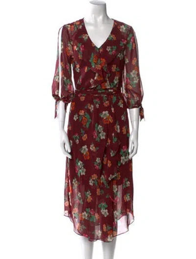 Pre-owned Maje Floral Print Midi Length Dress In Burgundy