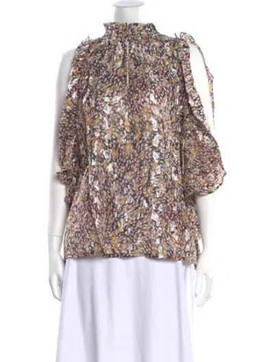 Pre-owned Maje Floral Print Mock Neck Blouse In Brown