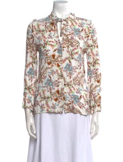 Pre-owned Maje Floral Print Mock Neck Blouse In White