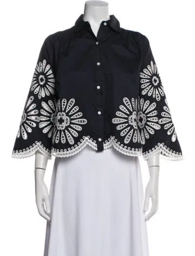 Pre-owned Maje Floral Print Three-quarter Sleeve Blouse In Black/blue
