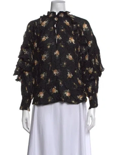 Pre-owned Maje Floral Print Tie Neck Blouse In Black