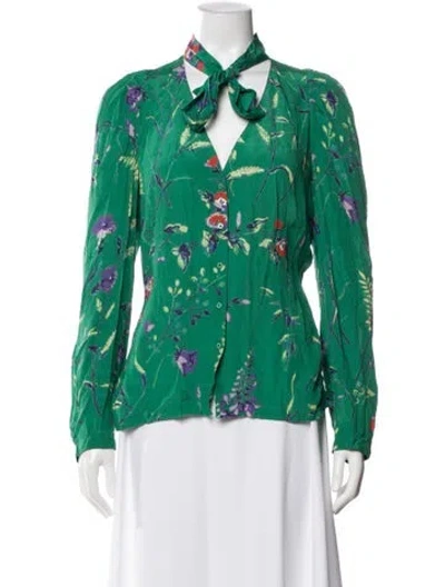Pre-owned Maje Floral Print Tie Neck Blouse In Green