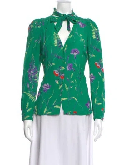 Pre-owned Maje Floral Print Tie Neck Blouse In Green