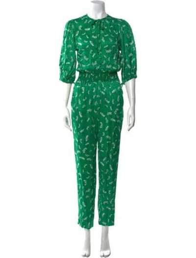 Pre-owned Maje Floral Print Tie Neck Jumpsuit W/ Tags In Green