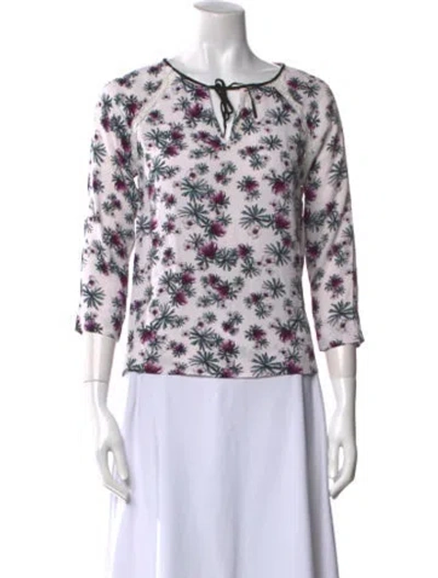 Pre-owned Maje Floral Print Tie Neck Top In White