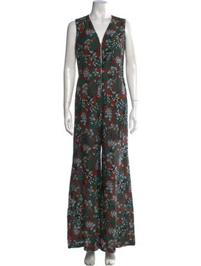 Pre-owned Maje Floral Print V-neck Jumpsuit In Green