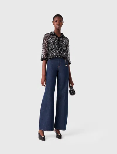 Maje Womens Black Relaxed-fit Sequin-embellished Tulle Shirt