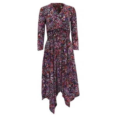 Pre-owned Maje Floral-print Asymmetric Midi Dress In Multicolor Viscose In Black