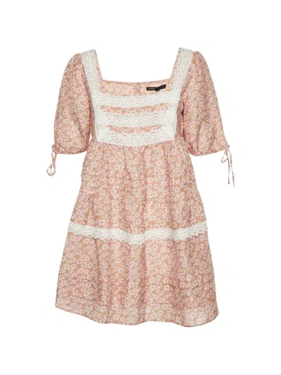 Pre-owned Maje Floral-print Lace-trim Mini Dress In Pink