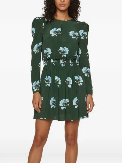 Pre-owned Maje Floral-print Long-sleeve Mini Dress In Green