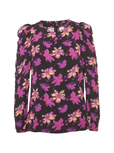 Pre-owned Maje Floral-print Puff-sleeve Blouse In Black