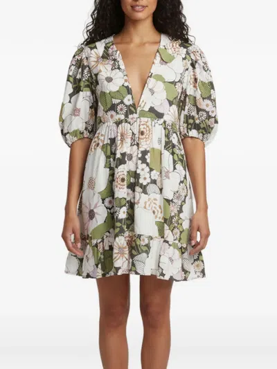 Pre-owned Maje Floral-print Puff-sleeve Mini Dress In White
